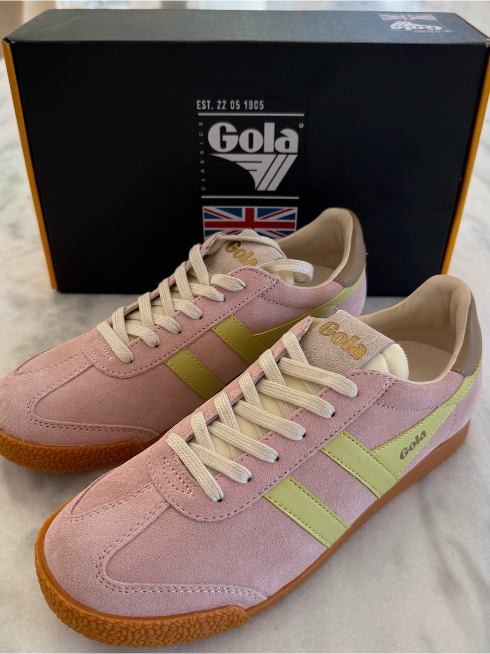 Gola Pink Suede Sneakers with Lime Stripes and Gum Outsole